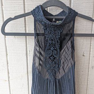 Navy Sheer Sleeveless Top with Lace and Buttons up back